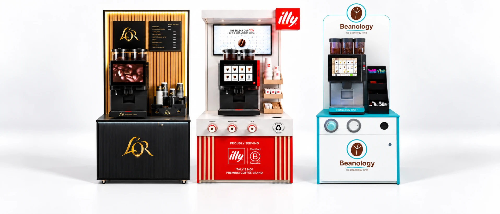L'OR, illy and Beanology self-serve coffee stations displayed side by side