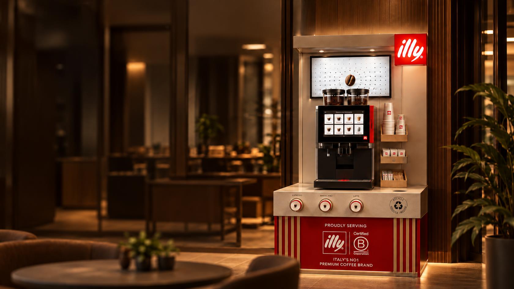 illy On The Go self-serve coffee station in a hotel lounge